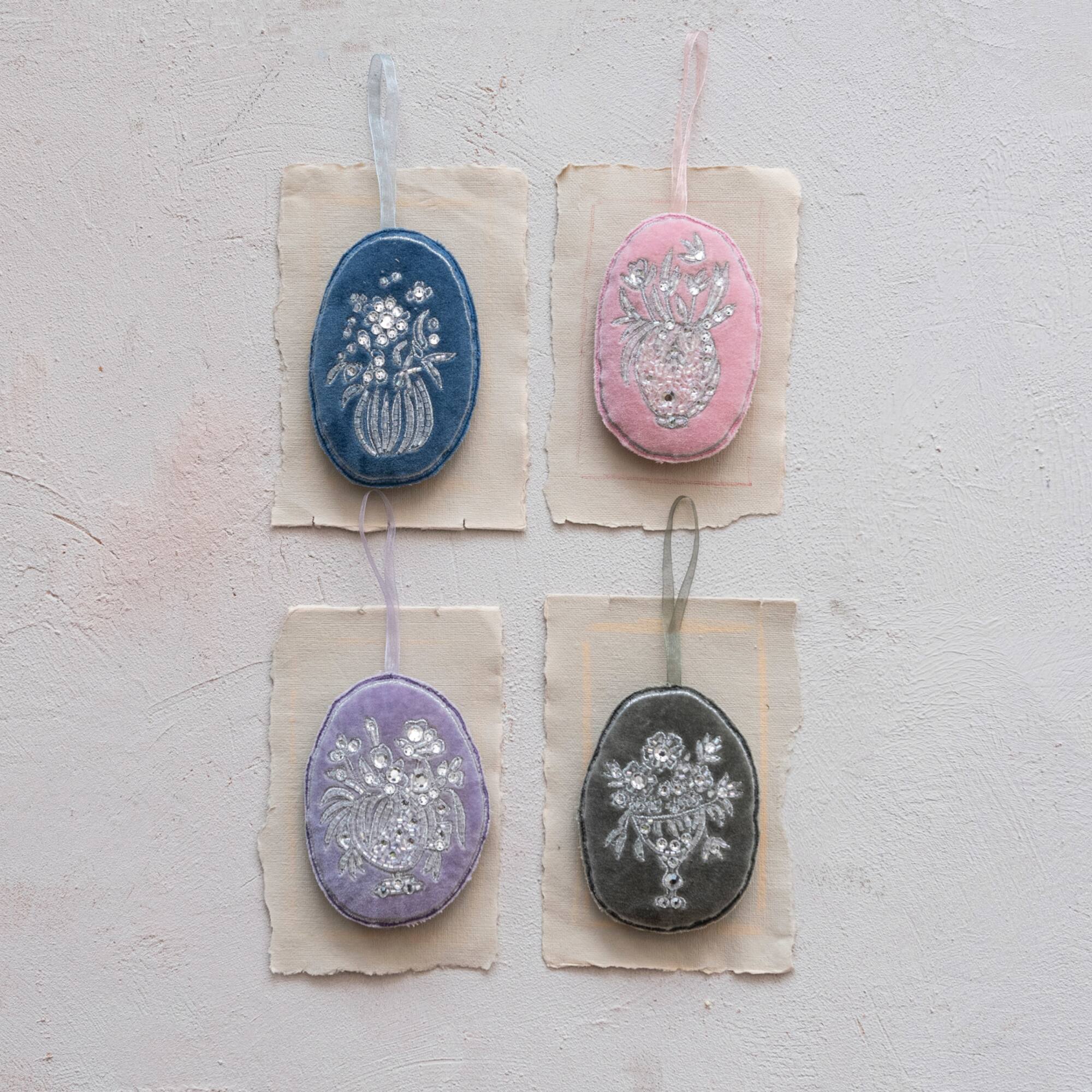 Hello Honey® 4 Pack 3.5" Beaded Flower Oval Velvet Ornaments